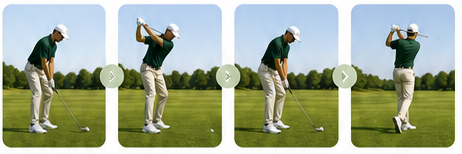 Vier herkenbare fases van een golfswing: adressering, top, impact en finish